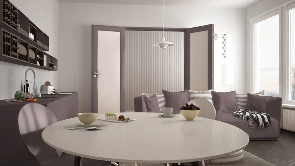 Sana colazione dolce nella moderna cucina scandinava soggiorno, divano e grande finestra, architettura bianca e rossa interior design — Foto Stock