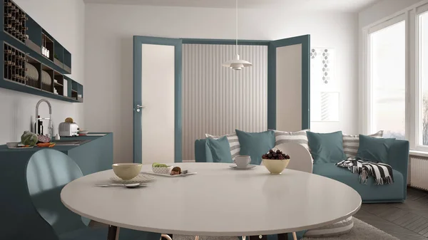 Gezond zoet ontbijt in moderne Scandinavische keuken woonkamer, sofa en grote venster, witte en blauwe architectuur interieur — Stockfoto