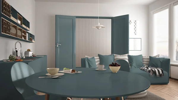 モダンな北欧キッチン リビング ルーム、ソファと大きな窓、白と青の建築インテリア デザイン健康的な甘い朝食 — ストック写真