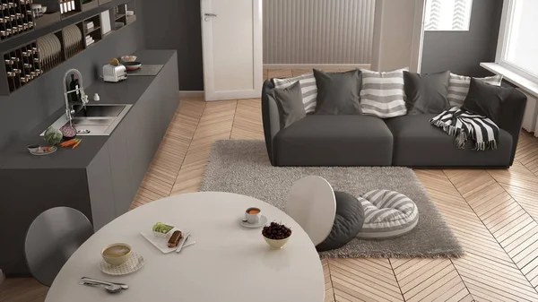 Sana colazione dolce nella moderna cucina scandinava soggiorno, divano e grande finestra, vista dall'alto, architettura bianca e grigia interior design — Foto Stock