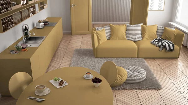 Zdrowe śniadanie na słodko w nowoczesnej kuchni skandynawskiej salon, sofa i duże okna, widok z góry, projektowanie wnętrz architektura biały i żółty — Zdjęcie stockowe