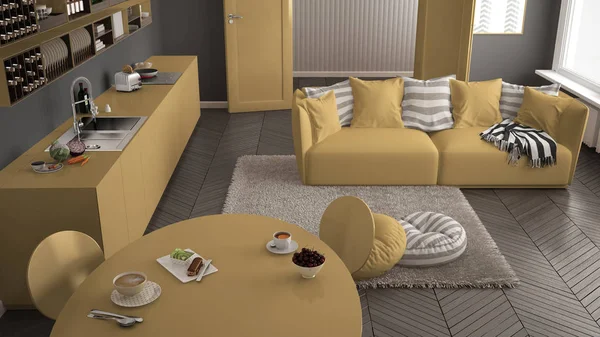 Hälsosam frukost med söta alternativ i moderna skandinaviska kök vardagsrum, soffa och stora fönster, ovanifrån, vita och gula arkitektur inredning — Stockfoto