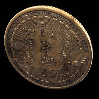 Bitcoin. Cripto bit sikke. Dijital para. Cryptocurrency. Fiziksel altın madeni para ile bitcoin sembol siyah arka plan üzerine izole