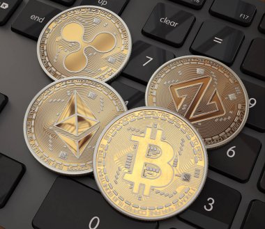 Bitcoin. Cripto bit sikke. Dijital para. Cryptocurrency. Bitcoins siyah klavye ile fiziksel altın sikke.