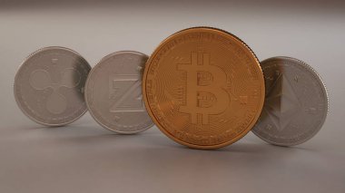 Yığın beyaz zemin üzerine cryptocurrencies Platin fiziksel sikke, dalgalanma, Zcoin, Etherium ve altın Bitcoin. Araştırma cryptocurrency kavramı