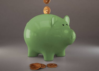 Cryptocurrencies, altın fiziksel paralar, dalgalanma, Zcoin, Bitcoin ve Etherium ile yeşil piggy banka. Araştırma cryptocurrency kavramı