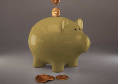 Cryptocurrencies, altın fiziksel paralar, dalgalanma, Zcoin, Bitcoin ve Etherium ile sarı piggy banka. Araştırma cryptocurrency kavramı