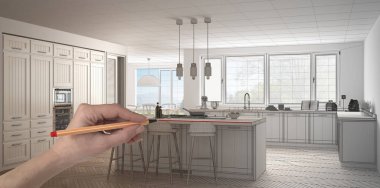 El Adası ve dışkı ile özel klasik beyaz ve ahşap mutfak çizimi. Özel tamamlanmamış proje mimari iç tasarım