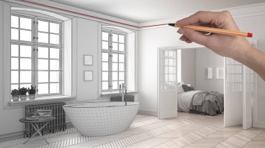 El çizimi özel klasik beyaz ve ahşap banyo yatak içinde belgili tanımlık geçmiş. Özel tamamlanmamış proje mimari iç tasarım