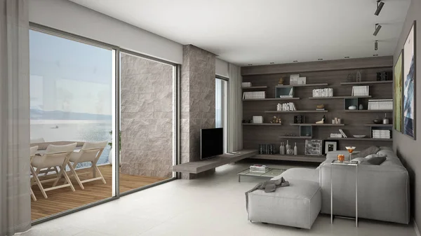 Sala de estar moderna, espacio abierto con sofá y estantes, gran ventana panorámica con terraza — Foto de Stock