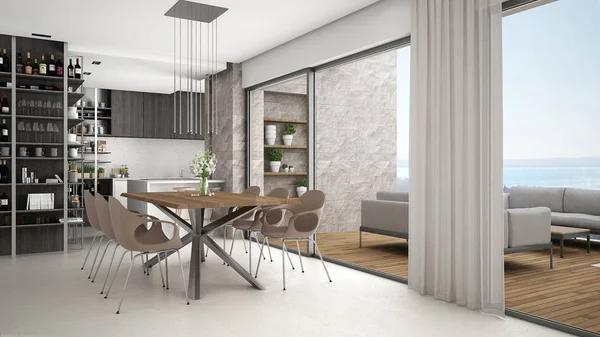 Moderne Küche mit Esstisch und Stühlen, großes Panoramafenster mit Terrasse — Stockfoto