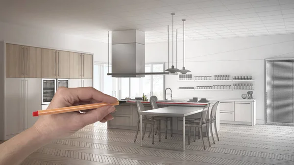 Desen manual personalizat bucătărie modernă minimalistă albă și din lemn cu insulă. Proiect personalizat neterminat design interior — Fotografie, imagine de stoc