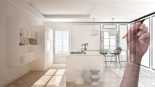 Hand drawing custom modern minimalist white kitchen. Tailored unfinished project architecture interior design