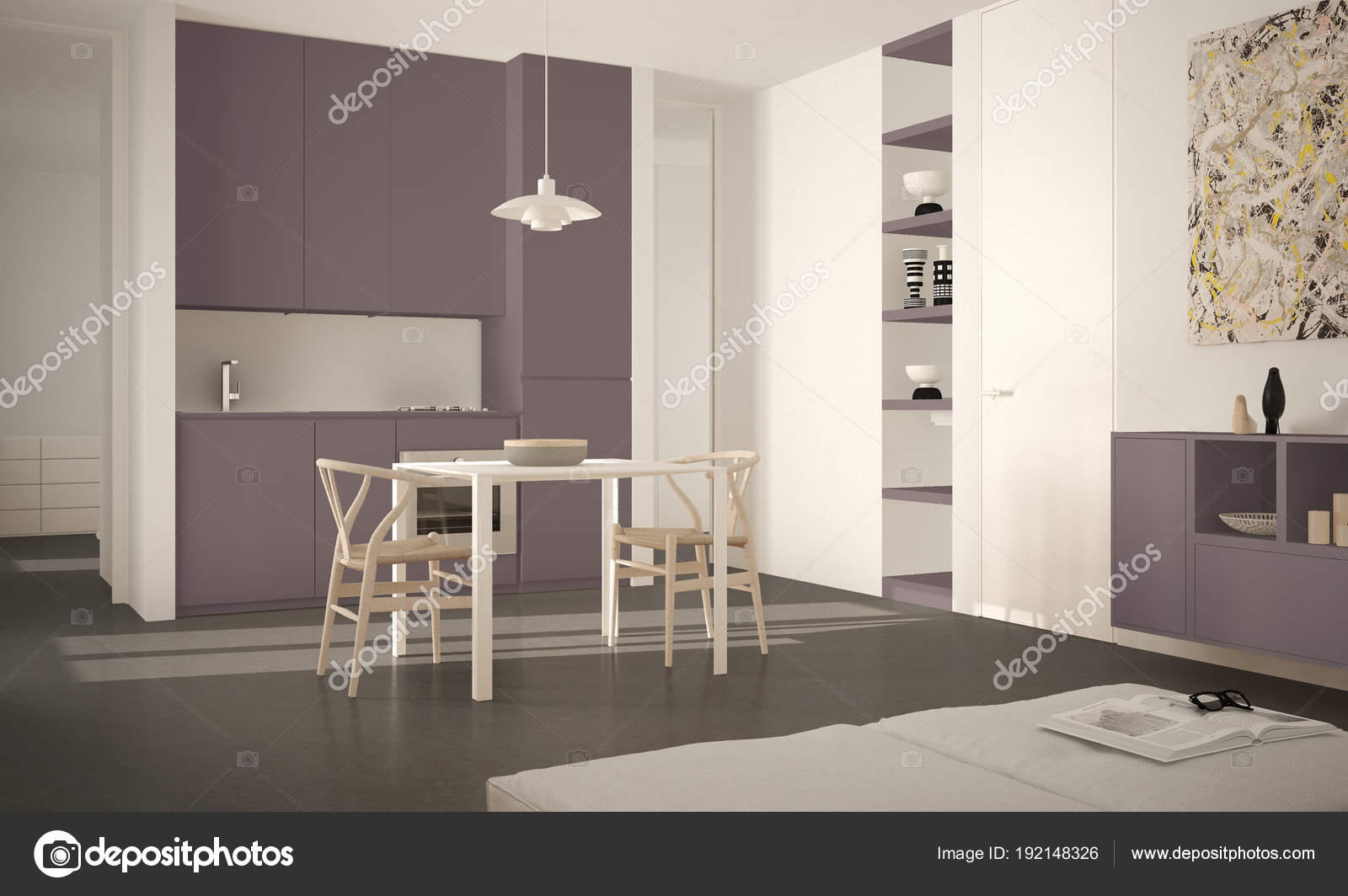 Cocina luminosa moderno minimalista con mesa de comedor y sillas ... Cocina luminosa moderno minimalista con mesa de comedor y sillas ...