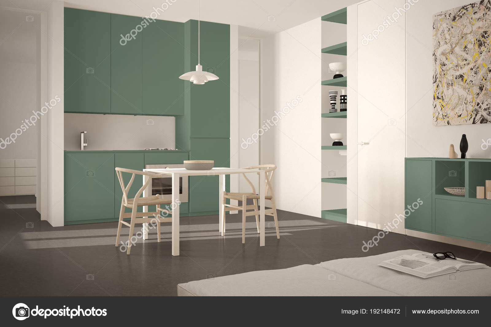 Cocina luminosa moderno minimalista con mesa de comedor y sillas ... Cocina luminosa moderno minimalista con mesa de comedor y sillas ...