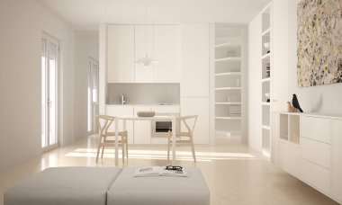 Minimalist modern parlak mutfak yemek masası ve sandalyeler, büyük pencereler, beyaz mimari iç tasarım