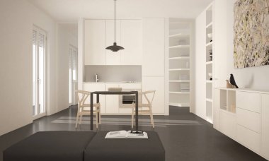 Minimalist modern parlak mutfak yemek masası ve sandalyeleri, büyük pencereler, beyaz ve gri mimari iç tasarım