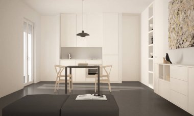 Minimalist modern parlak mutfak yemek masası ve sandalyeleri, büyük pencereler, beyaz ve gri mimari iç tasarım