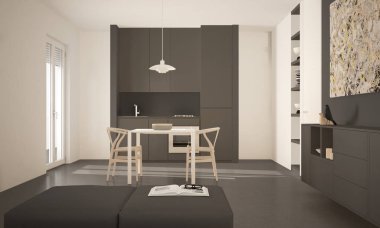 Minimalist modern parlak mutfak yemek masası ve sandalyeleri, büyük pencereler, beyaz ve gri mimari iç tasarım