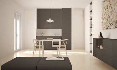 Minimalist modern parlak mutfak yemek masası ve sandalyeleri, büyük pencereler, beyaz ve gri mimari iç tasarım