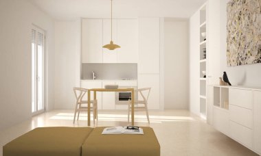 Minimalist modern parlak mutfak yemek masası ve sandalyeleri, büyük pencereler, beyaz ve sarı mimari iç tasarım