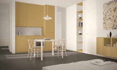 Minimalist modern parlak mutfak yemek masası ve sandalyeleri, büyük pencereler, beyaz ve sarı mimari iç tasarım