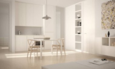 Arka plan iç tasarım, modern minimalist parlak mutfak yemek masası ve sandalyeler, büyük pencereler, beyaz mimarisi ile bulanıklık