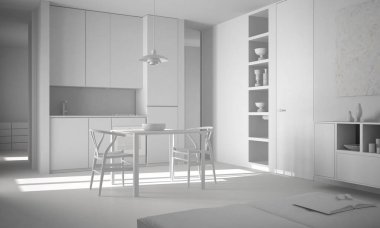 Toplam beyaz proje, minimalist modern parlak mutfak yemek masası ve sandalyeler, mimari iç tasarım