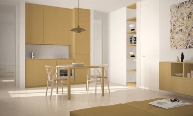 Minimalist modern parlak mutfak yemek masası ve sandalyeleri, büyük pencereler, beyaz ve sarı mimari iç tasarım