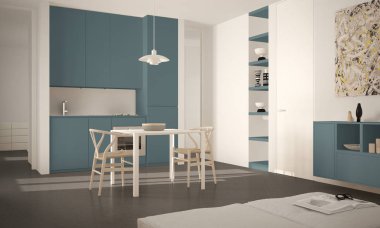 Minimalist modern parlak mutfak yemek masası ve sandalyeleri, büyük pencereler, beyaz ve mavi mimari iç tasarım