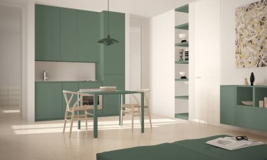 Minimalist modern parlak mutfak yemek masası ve sandalyeleri, büyük pencereler, beyaz ve yeşil mimari iç tasarım