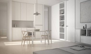 Tamamlanmamış proje minimalist modern parlak mutfak yemek masası ve sandalyeler, beyaz mimari iç tasarım