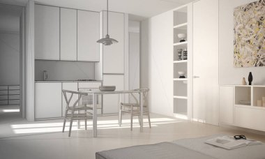 Tamamlanmamış proje minimalist modern parlak mutfak yemek masası ve sandalyeler, beyaz mimari iç tasarım