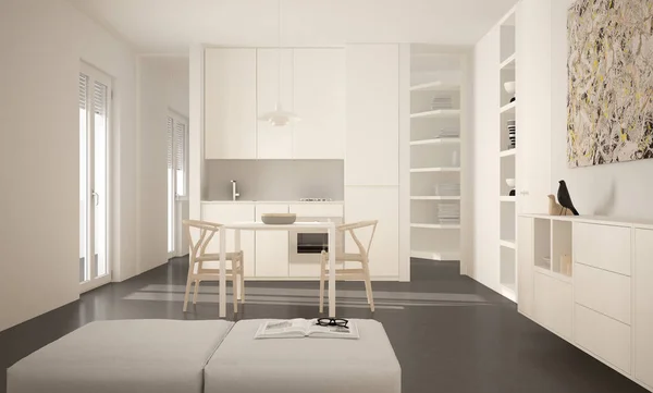 Minimalistický moderní kuchyně s jídelní stůl a židle, velká okna, bílé a šedé architektura interiér design — Stock fotografie