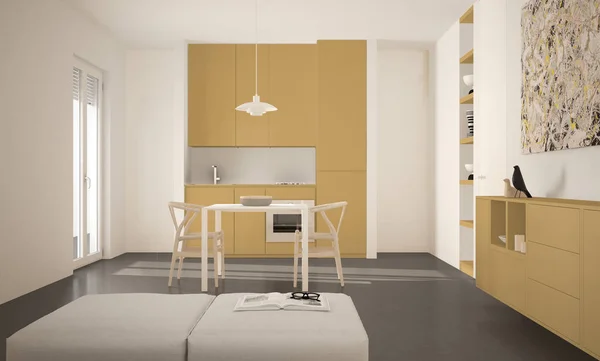 Cuisine lumineuse moderne minimaliste avec table et chaises, grandes fenêtres, architecture intérieure blanche et jaune — Photo