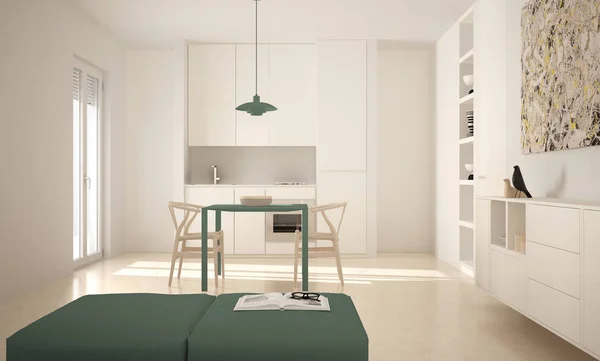 Minimalistyczny nowoczesny jasną kuchnię z stół i krzesła, duże okna, białe i zielone architektura wnętrz — Zdjęcie stockowe