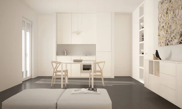 Minimalista cocina moderna y luminosa con mesa de comedor y sillas, grandes ventanales, arquitectura blanca y gris diseño interior —  Fotos de Stock