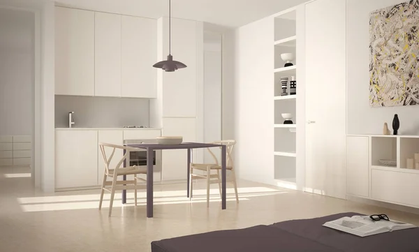 Minimalista moderna cozinha brilhante com mesa de jantar e cadeiras, janelas grandes, arquitetura branca e vermelha design de interiores — Fotografia de Stock