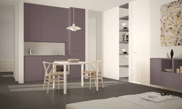 Minimalistisk modernt ljust kök med matbord och stolar, stora fönster, vita och röda arkitektur inredning — Stockfoto