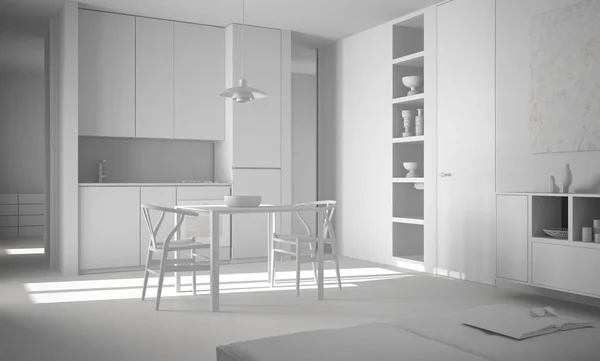 Progetto total white, cucina moderna e luminosa minimalista con tavolo e sedie, architettura interior design — Foto Stock
