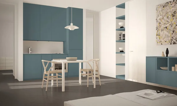 Минималистская современная светлая кухня со столом и стульями, большие окна, белый и синий дизайн интерьера архитектуры — стоковое фото