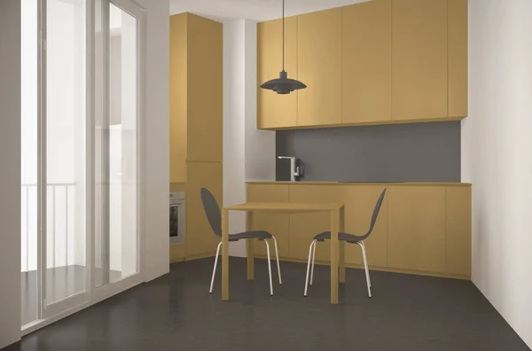 Μινιμαλιστική μοντέρνα κουζίνα με μεγάλο παράθυρο και τραπεζαρία τραπέζι με καρέκλες, γκρι και κίτρινο αρχιτεκτονική εσωτερικού σχεδιασμού — Φωτογραφία Αρχείου