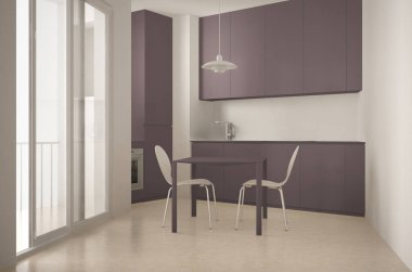 Büyük pencere ve yemek ile minimalist modern mutfak masa sandalye ile beyaz ve kırmızı mimari iç tasarım