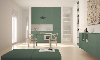 Minimalist modern parlak mutfak yemek masası ve sandalyeleri, büyük pencereler, beyaz ve yeşil mimari iç tasarım