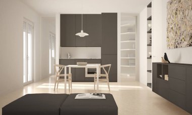 Minimalist modern parlak mutfak yemek masası ve sandalyeleri, büyük pencereler, beyaz ve gri mimari iç tasarım