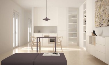 Minimalist modern parlak mutfak yemek masası ve sandalyeleri, büyük pencereler, beyaz ve kırmızı mimari iç tasarım