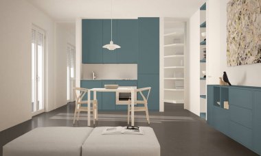Minimalist modern parlak mutfak yemek masası ve sandalyeleri, büyük pencereler, beyaz ve mavi mimari iç tasarım