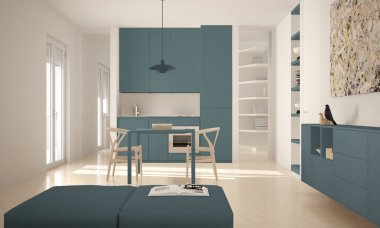 Minimalist modern parlak mutfak yemek masası ve sandalyeleri, büyük pencereler, beyaz ve mavi mimari iç tasarım