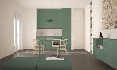 Minimalist modern parlak mutfak yemek masası ve sandalyeleri, büyük pencereler, beyaz ve yeşil mimari iç tasarım