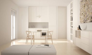 Minimalist modern parlak mutfak yemek masası ve sandalyeler, büyük pencereler, beyaz mimari iç tasarım